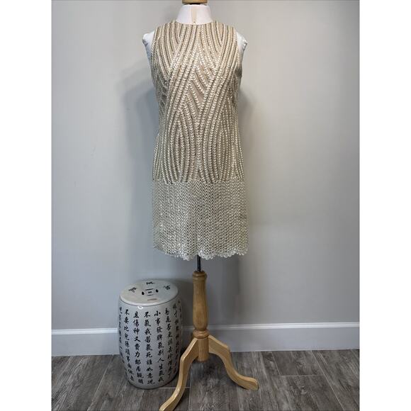 Badgley Mischka Gold Sequin Embroidery Cocktail Party Dress NYE 6 - Picture 2 of 16